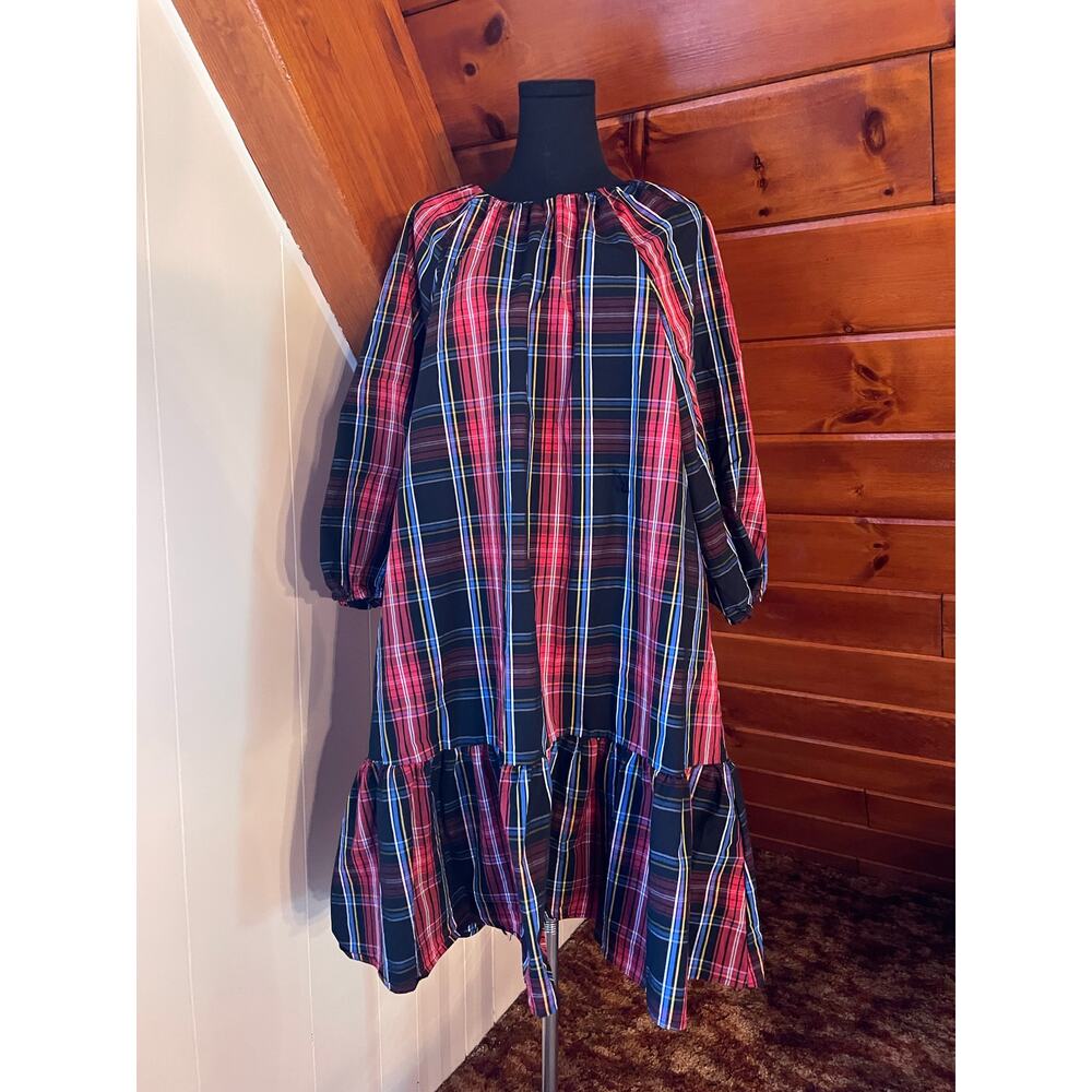 Draper James RSVP Long-Sleeve Smocked Red Tartan Plaid Tiered Mini Dress 1X XL